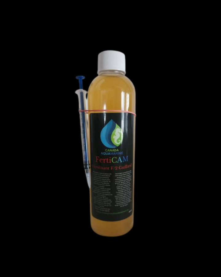 Additif fertilisant pour phytoplancton F/2 Guillard de Canada Aquamarine, flacon contenant un liquide nutritif pour la croissance marine.