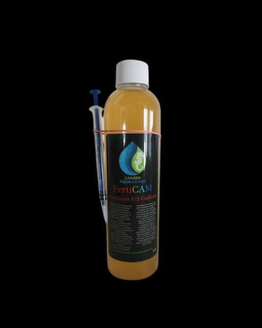 Additif fertilisant pour phytoplancton F/2 Guillard de Canada Aquamarine, flacon contenant un liquide nutritif pour la croissance marine.
